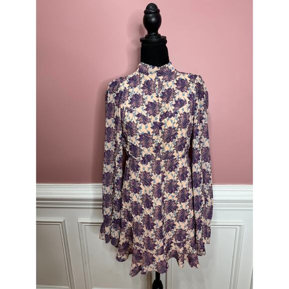 For Love & Lemons Clover Mini Dress in Lilac Print Small Long Sleeve Backless - Picture 2 of 6